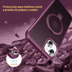 Funda magnética compatible con iPhone 15 con soporte, prueba de caídas de grado militar, compatible con imán, anillo translúcido, parte trasera dura, borde suave, color rojo vino
