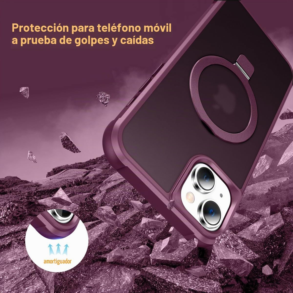 Funda magnética compatible con iPhone 15 con soporte, prueba de caídas de grado militar, compatible con imán, anillo translúcido, parte trasera dura, borde suave, color rojo vino