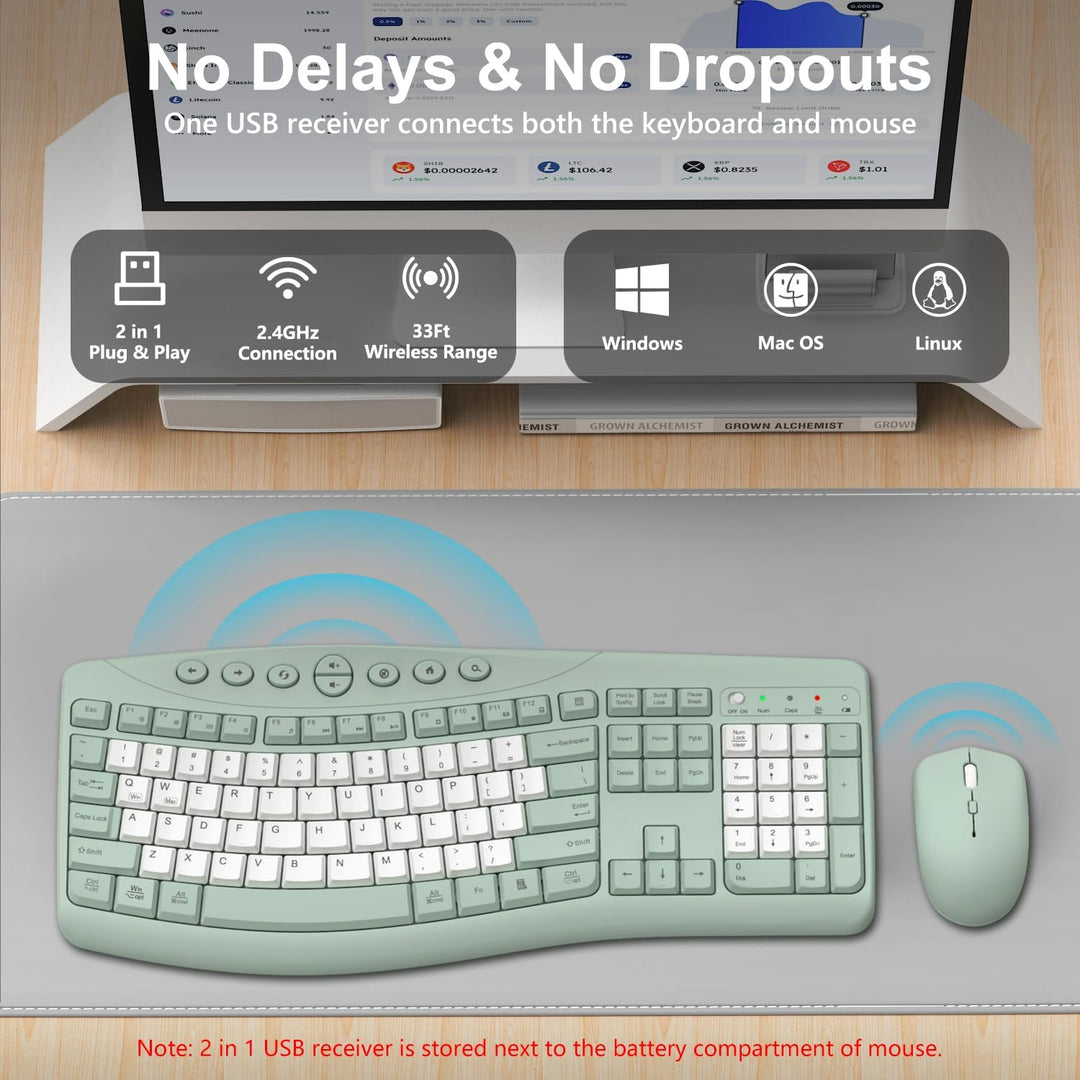 Combo de teclado y mouse inalámbricos, teclado curvo ergonómico sil...