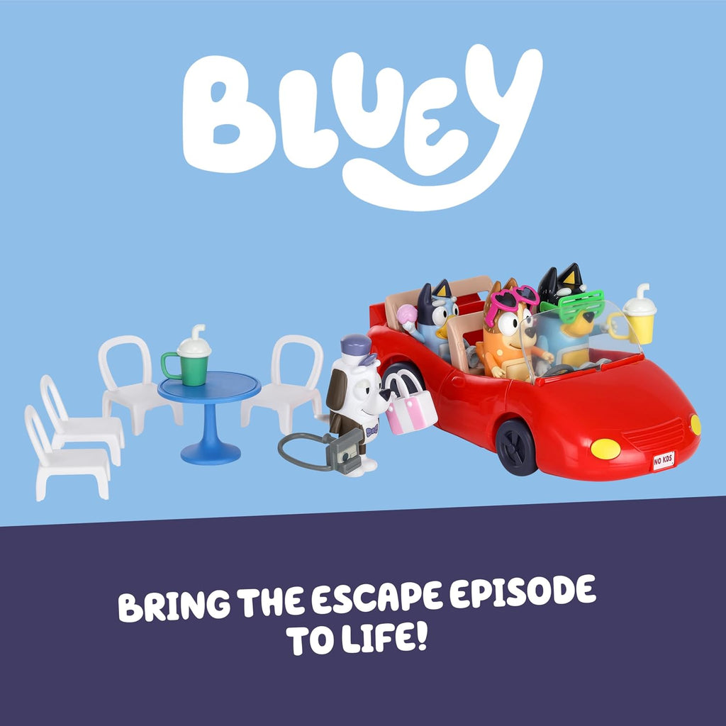 Bluey Escape Coche de juguete convertible, 4 figuras y 9 accesorios