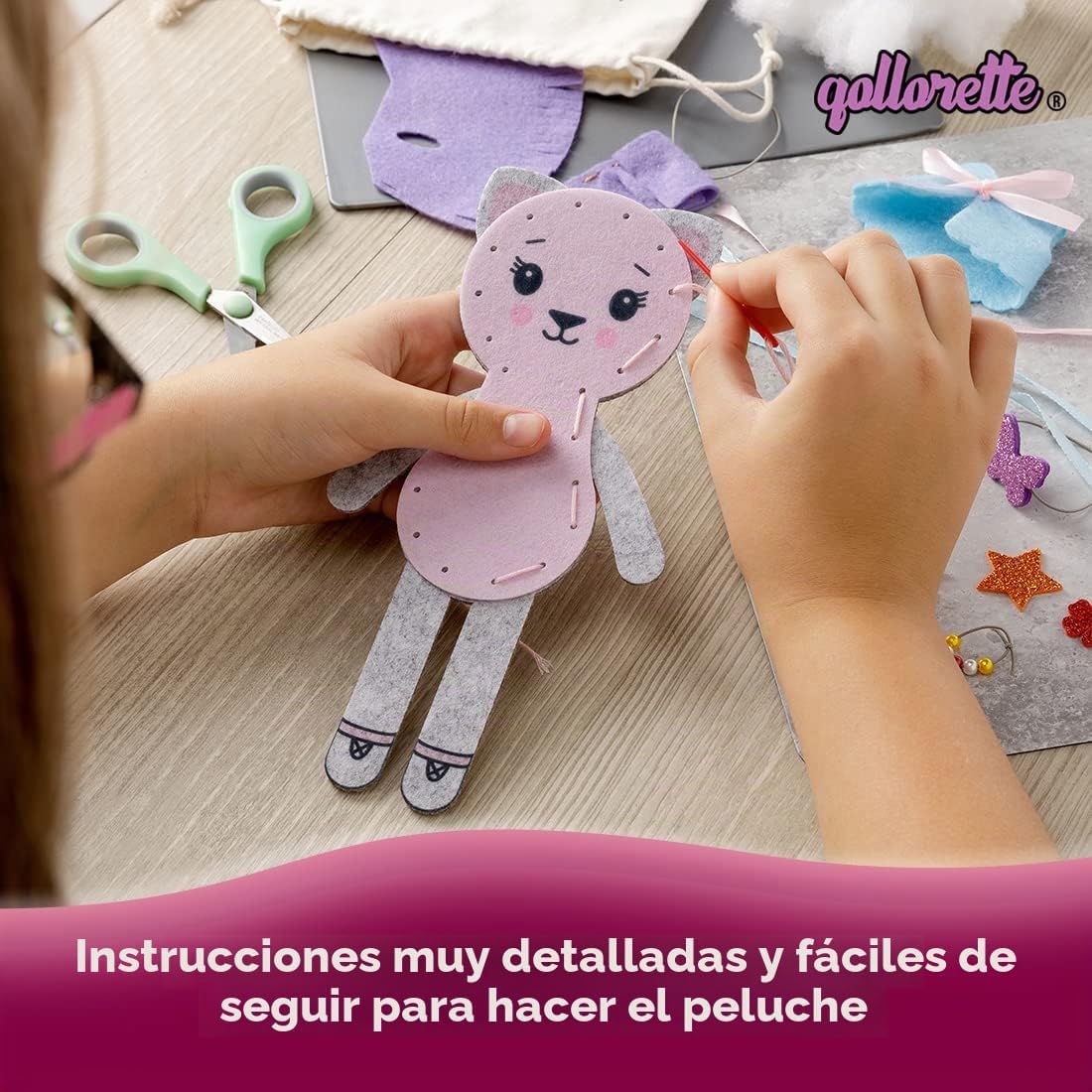 qollorette Kit de costura de fieltro para niños, haz tu propio juguete de gatito, kit de manualidades para niños - Kit de costura Haz un amigo - Kit de costura para principiantes para niños, aprende a