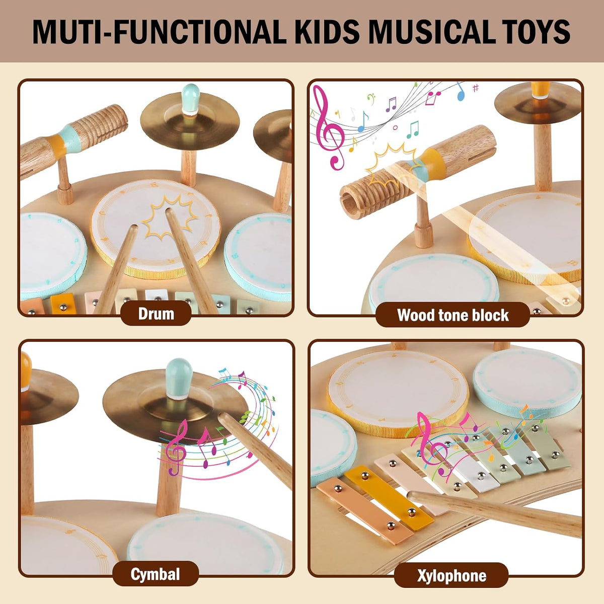 Juego de batería de madera para niños de 2 a 3 años Montessori Instrumentos Musicales Juguete