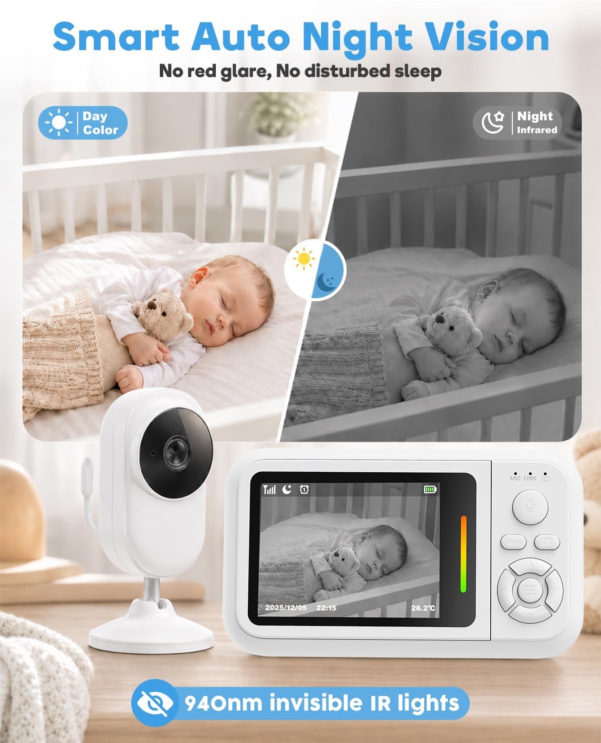 Elzeeo Monitor de bebé con cámara y audio, pantalla de 2,8 pulgadas...