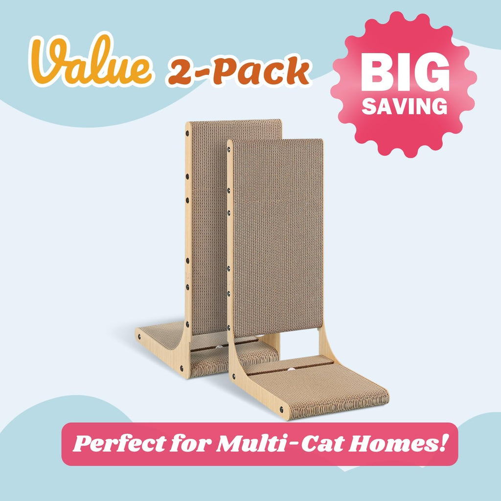 Zakkart Paquete de 2 tablas rascadoras para gatos, cartón de 25.6 pulgadas de alto, en forma de L, rascador vertical para gatos de interior, poste rascador para gatos para pared y sofá, tamaño grande