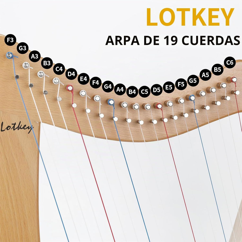 Lotkey Arpa eléctrica de madera de haya de 19 cuerdas, accesorios completos con llave de afinación, bolsa, correa, instrucciones, cable de audio y cuerdas de repuesto, arpa de lira para principiantes y profesionales, regalo ideal
