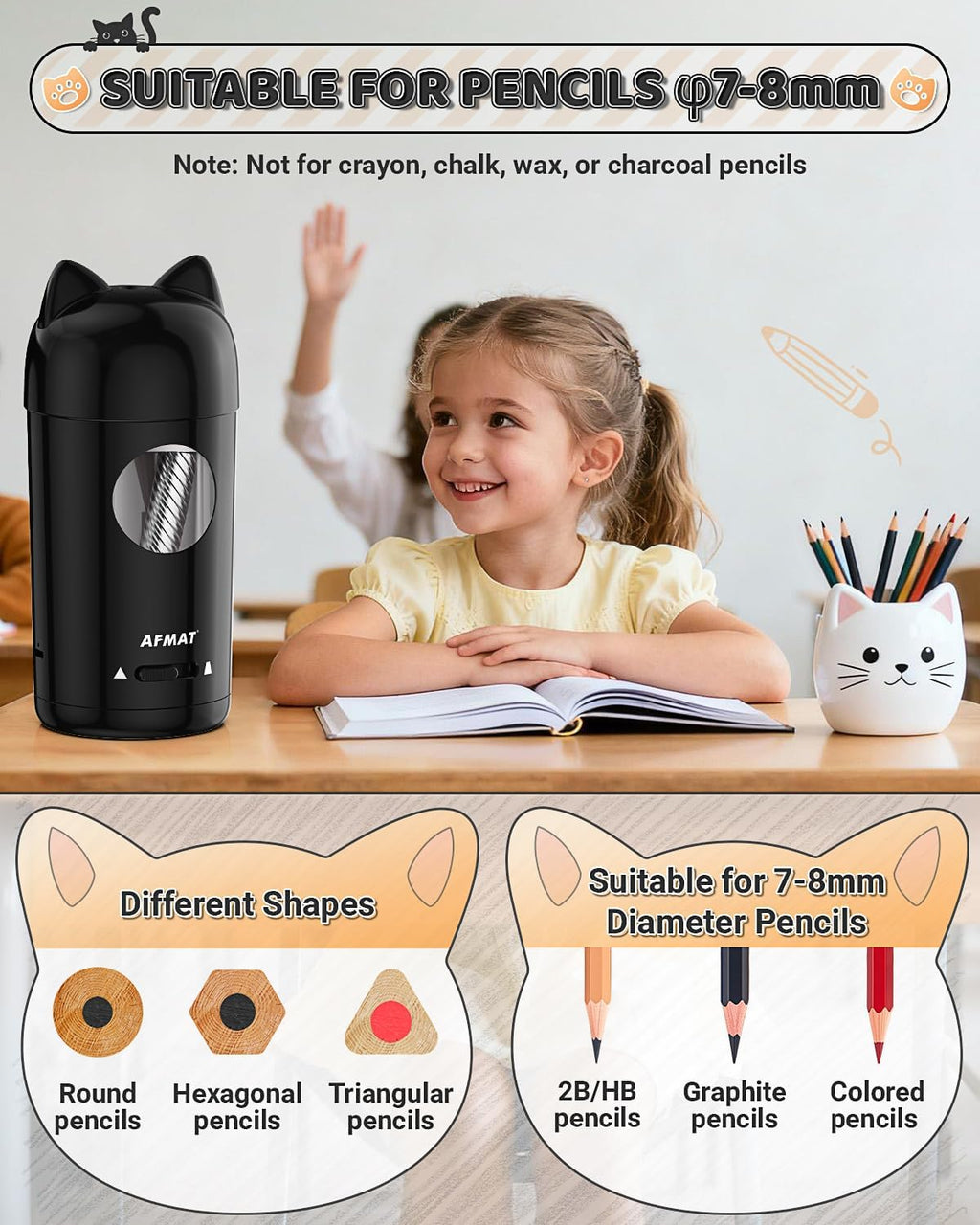 AFMAT Sacapuntas eléctrico PSX9, sacapuntas totalmente automático para niños, entrada y salida automática, para lápices de colores n.º 2 de φ7-0.315 in, recargable e inalámbrico