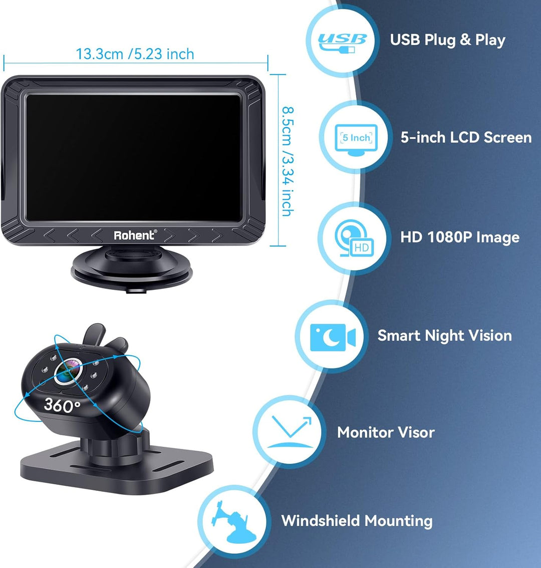 Rohent Cámara de coche para bebé, 5 pulgadas HD 1080P, visión noctu...