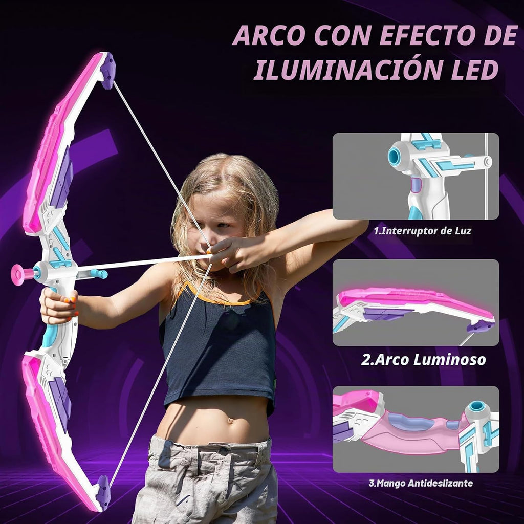 Bow y Arrow para Kids 4-6, LED Light Up Girls Archery Set