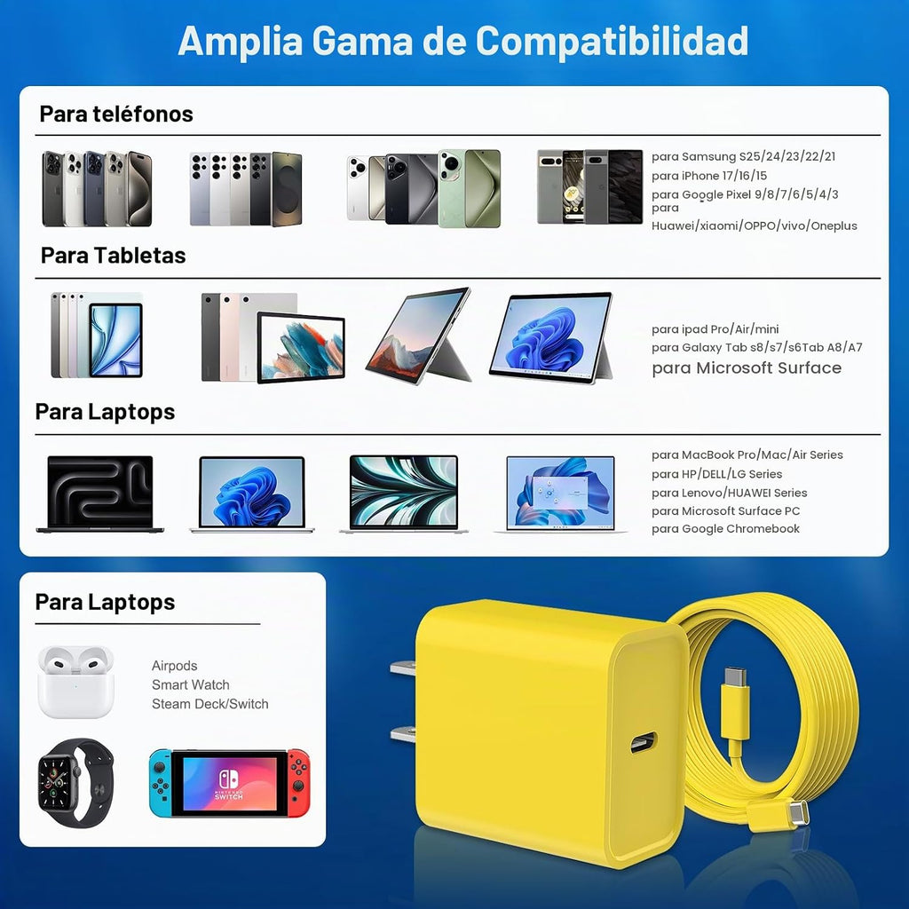 Cargador de carga rápida para iPhone 16 y 15, paquete de 3 cargadores USB C PD de 20 W con cable de 10 pies, cable USB C tipo C para iPhone 16/16 Plus/16 Pro/16 Pro Max/15/15 Pro/15 Pro Max (amarillo)
