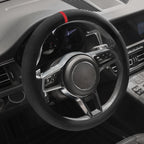 Funda para volante de gamuza con anillo interior de silicona mejorado, transpirable, antideslizante, cuero universal para volante de 14.5 a 15 pulgadas (negro con marca roja)