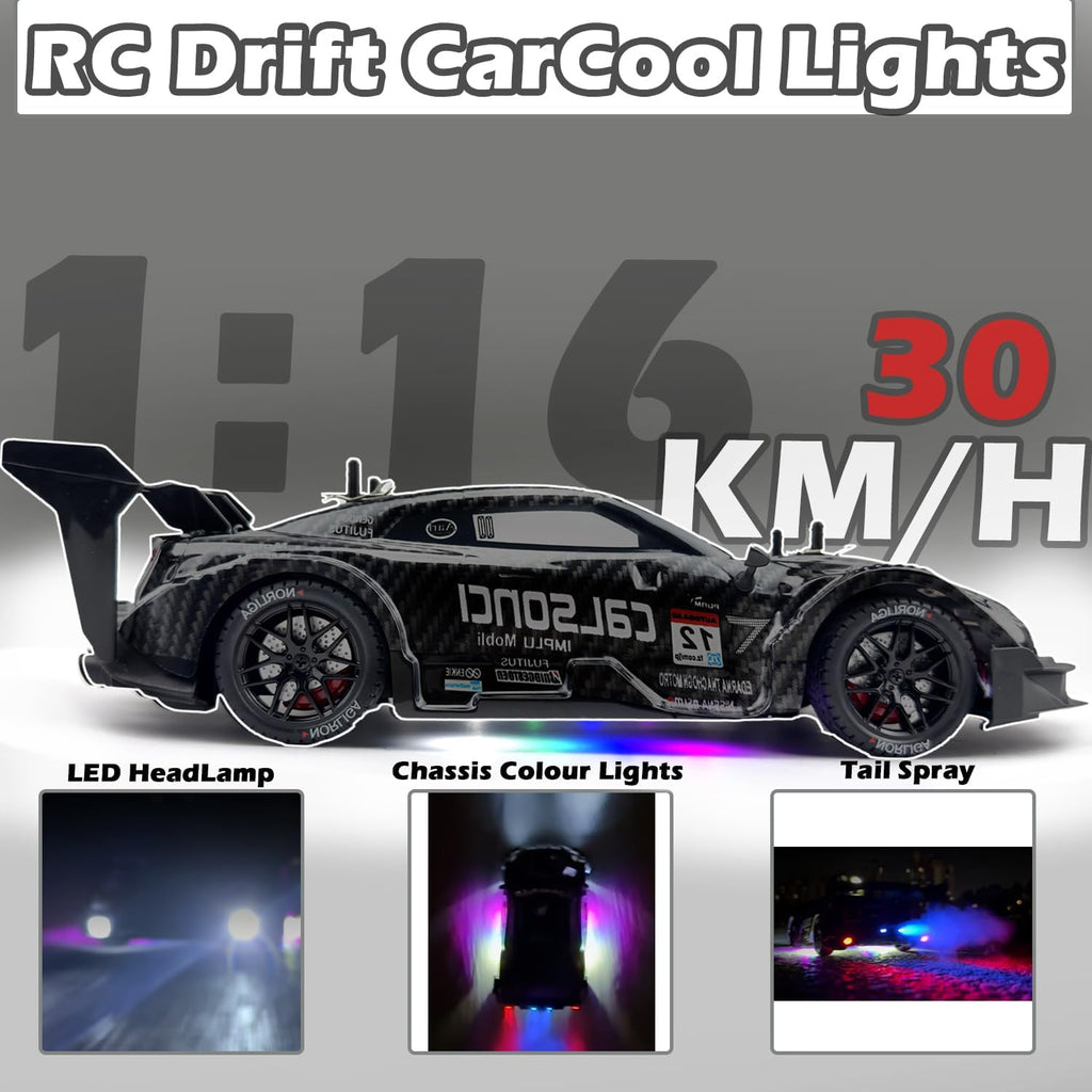 1:16 RC Drift Car 2.4GHz Spray 4WD Luces LED de Alta Velocidad de Control Remoto de 30+KM/H 2 Baterías 60Min Velocidad Variable Indefinidamente Juguetes de Coches de Deriva para Adultos y