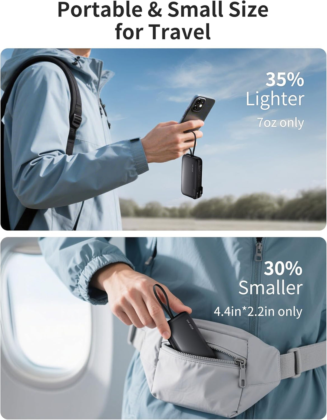 JOYFAR Cargador portátil de 22.5 W con cable USB-C integrado y ench...