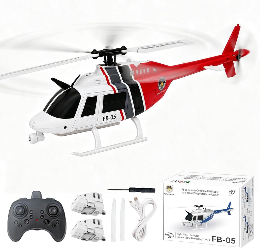 Helicóptero de control remoto FB-05, helicóptero de rotor único de 6 canales con giroscopio de 6 ejes, retención de altitud, aterrizaje de despegue de una tecla, parada de emergencia circular