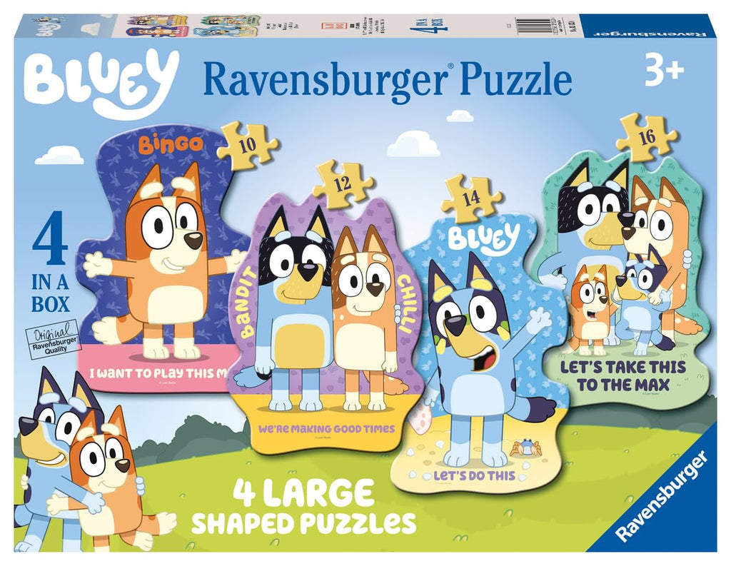 Ravensburger Bluey Toys - 4 rompecabezas de formas grandes (10, 12, 14, 16 piezas) a partir de 3 años - Regalos para niños