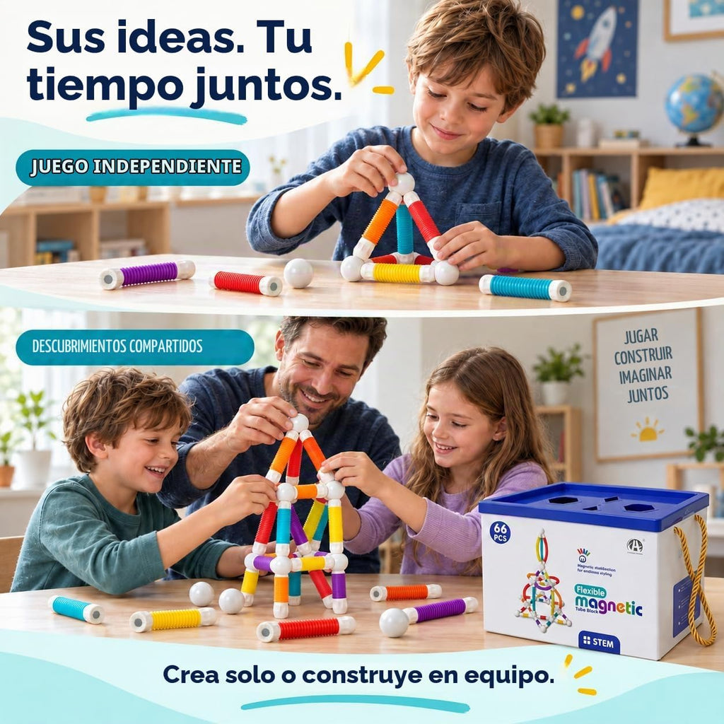 ROUSKY Juego de construcción de bloques de construcción magnéticos, 66 piezas, juguete educativo STEM con tubos flexibles y conectores (66 piezas)