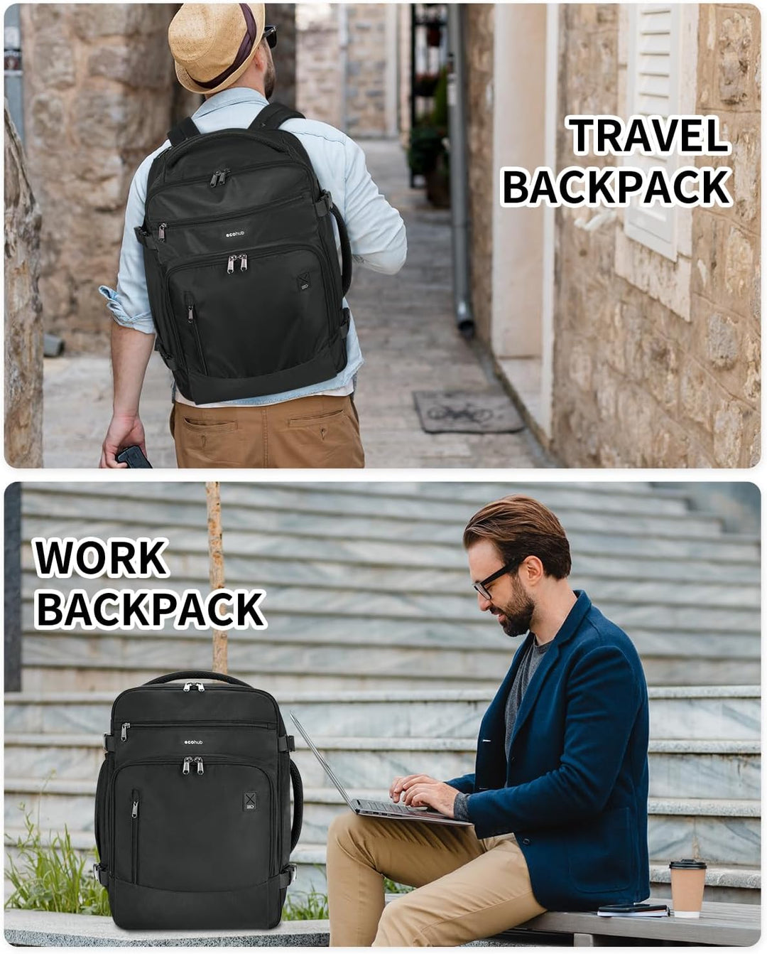 ECOHUB Mochila de viaje Mochila de mano, Negro-2, Mochilas de viaje