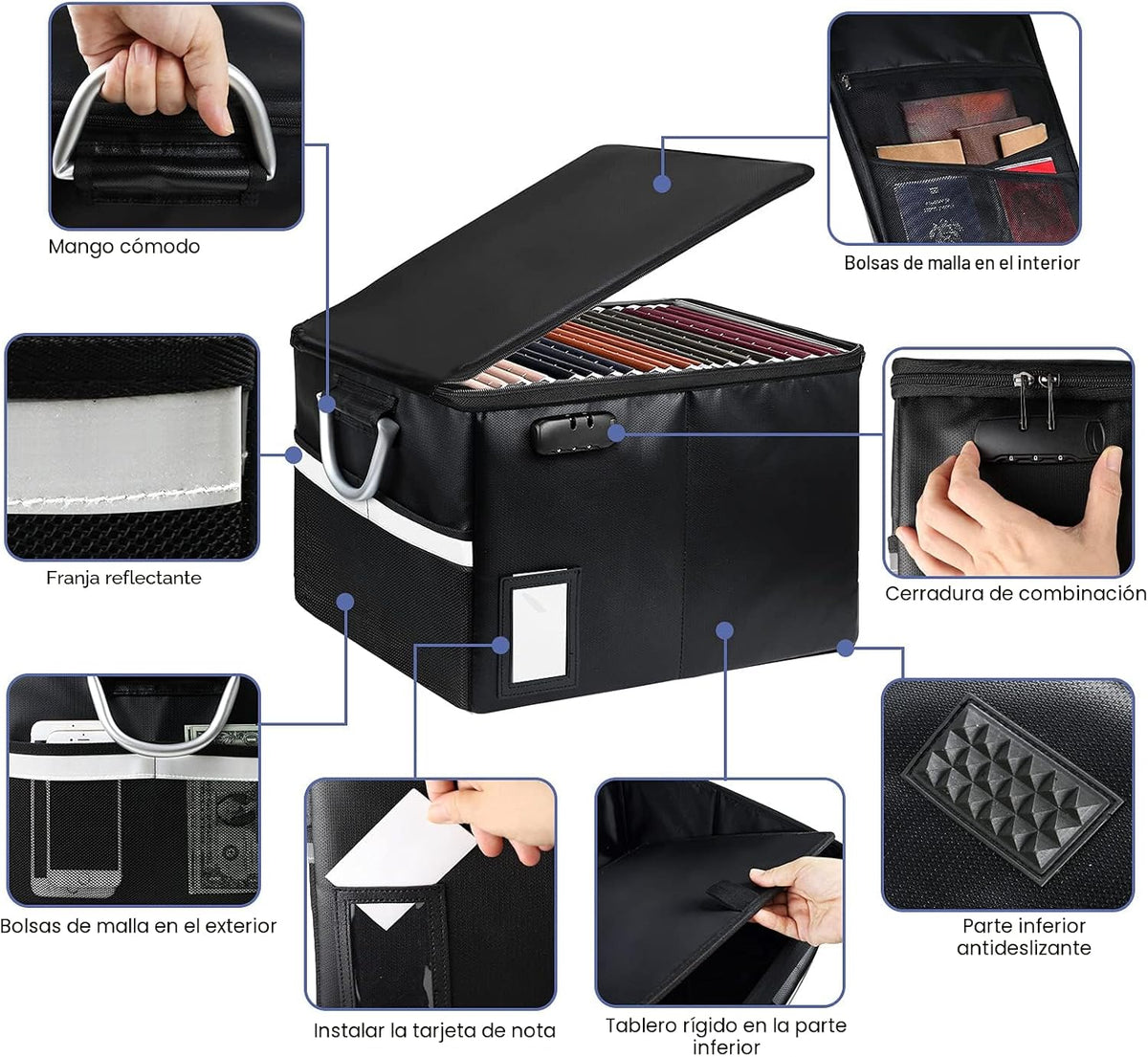 TOMKID Caja de documentos ignífuga, caja de archivos ignífuga con tapas, caja organizadora de documentos importante con cerradura, organizador de carpetas de archivos portátil con asa, 1 carpeta