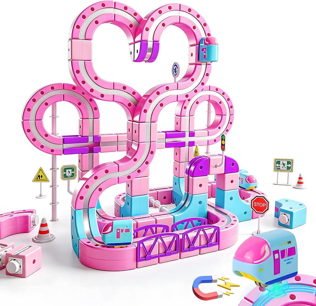 Juego de tren eléctrico rosa para niñas, 170 piezas magnética con diseño en forma de corazón, pista de carreras 3D antigravedad para bricolaje, juguete educativo STEM regalo para niños de 4 a 12