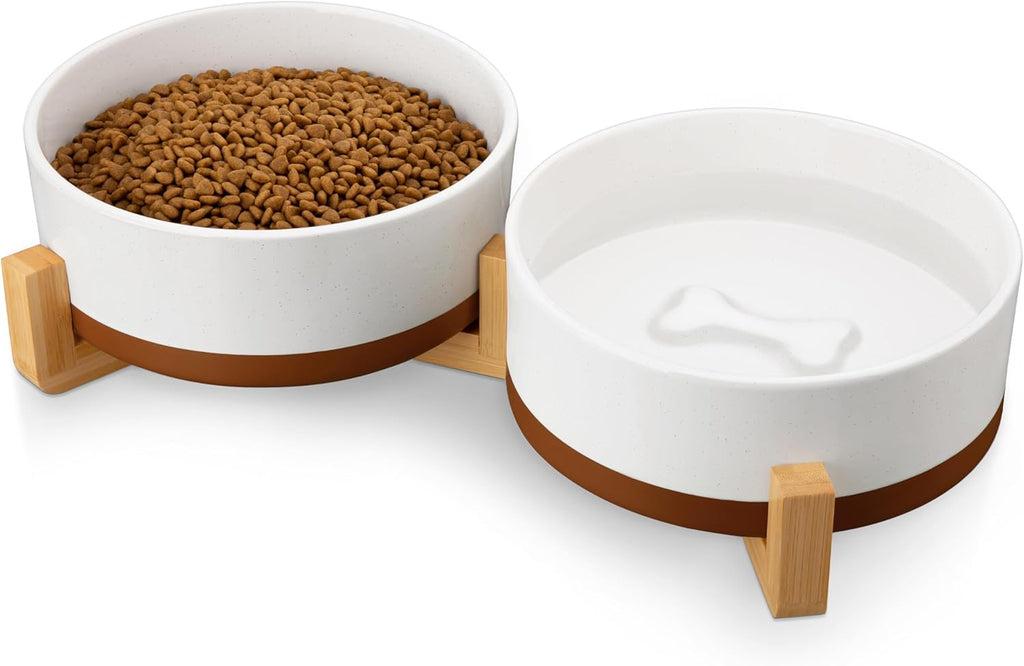 MALACASA Juego de cuencos para perros con soporte de madera, 6 tazas para alimentos y agua para perros de tamaño mediano a grande, cuencos de cerámica para mascotas con base antideslizante pesada, cuencos básicos para tu perro, 58 onzas