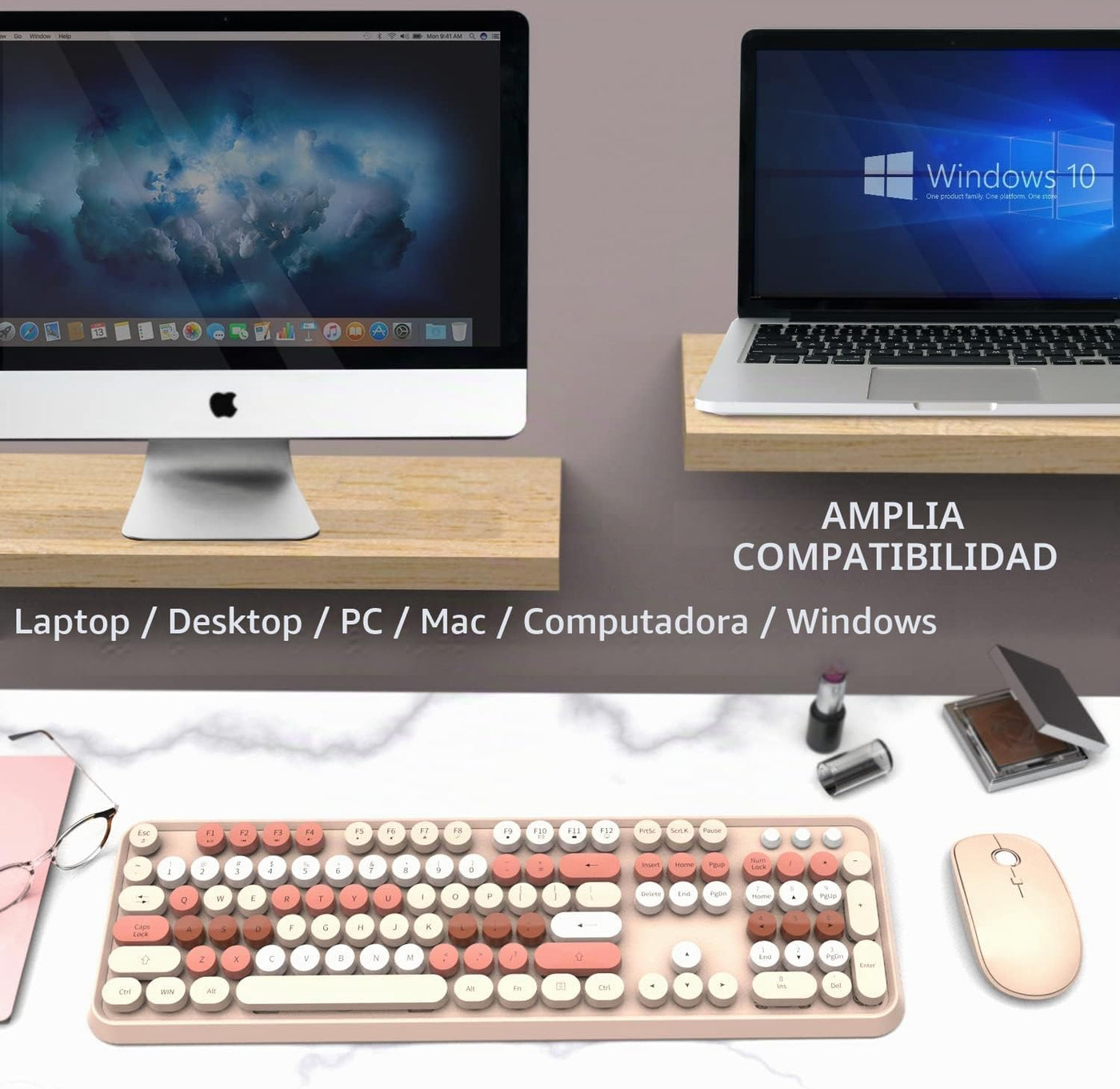 FOPETT Combo de teclado y mouse inalámbricos, 2.4G de tamaño comple...