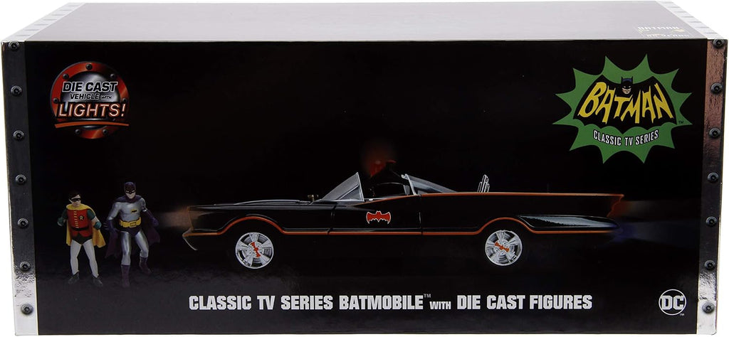 Jada DC Comics 1:18 1966 Serie de TV clásica Batmobile - Coche fundido a presión con figuras de Batman y Robin de 3 pulgadas, juguetes para niños y adultos