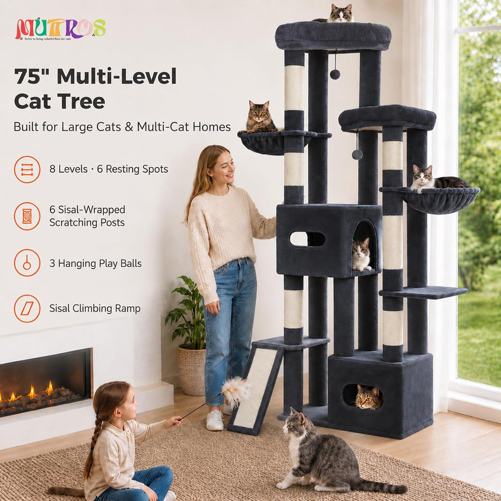 Árbol de gato de 75 pulgadas de alto para gatos de interior, grande