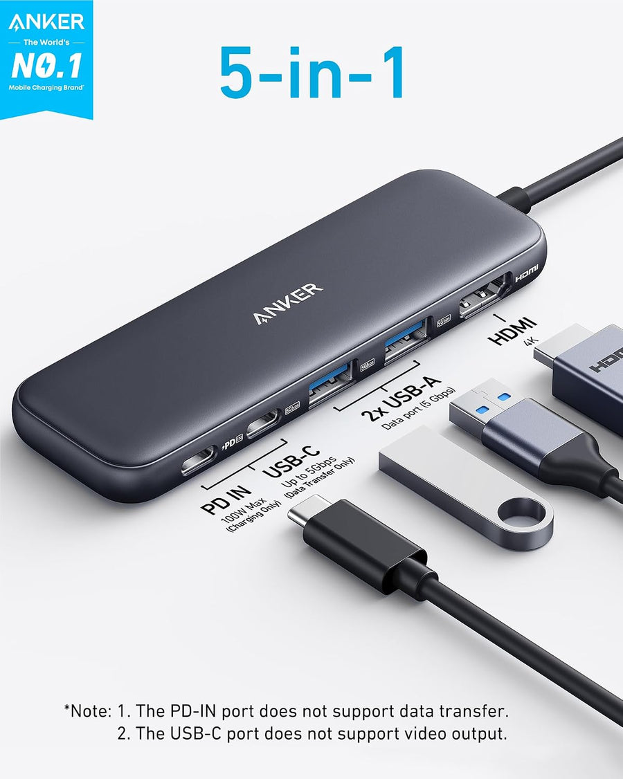 Anker Hub USB C, divisor USBC a HDMI 5 en 1 con pantalla 4K, 1 puer...