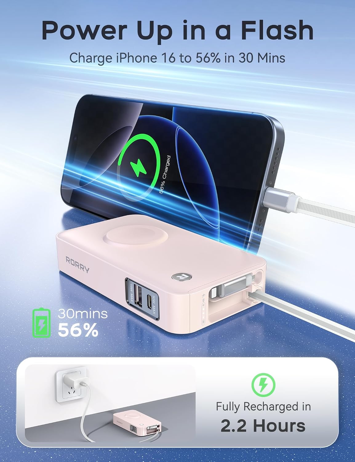 RORRY Cargador portátil, 10000mAh 30W Power Bank con cables retráct...