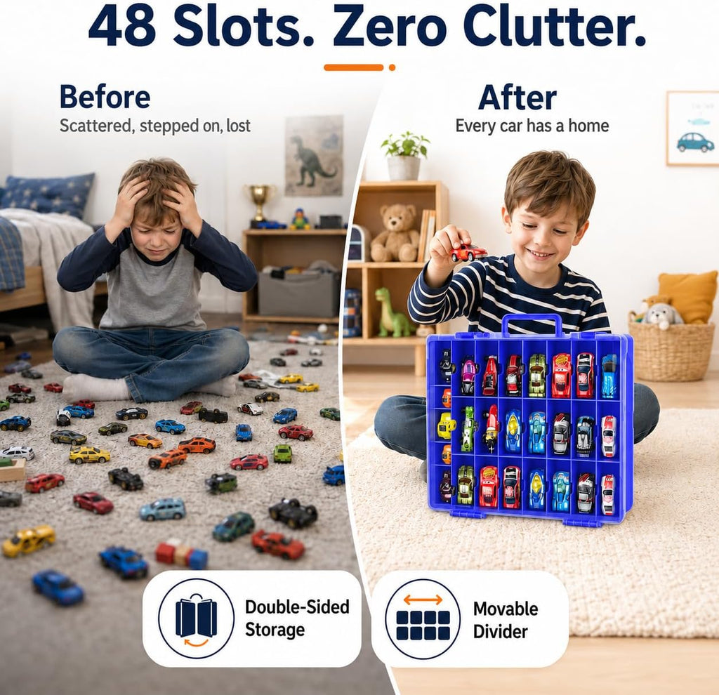 Organizador de juguetes de almacenamiento compatible con Hot Wheels Car, contenedor para coches de fósforos, mini juguetes, muñecas pequeñas, caja de transporte de doble cara para autos