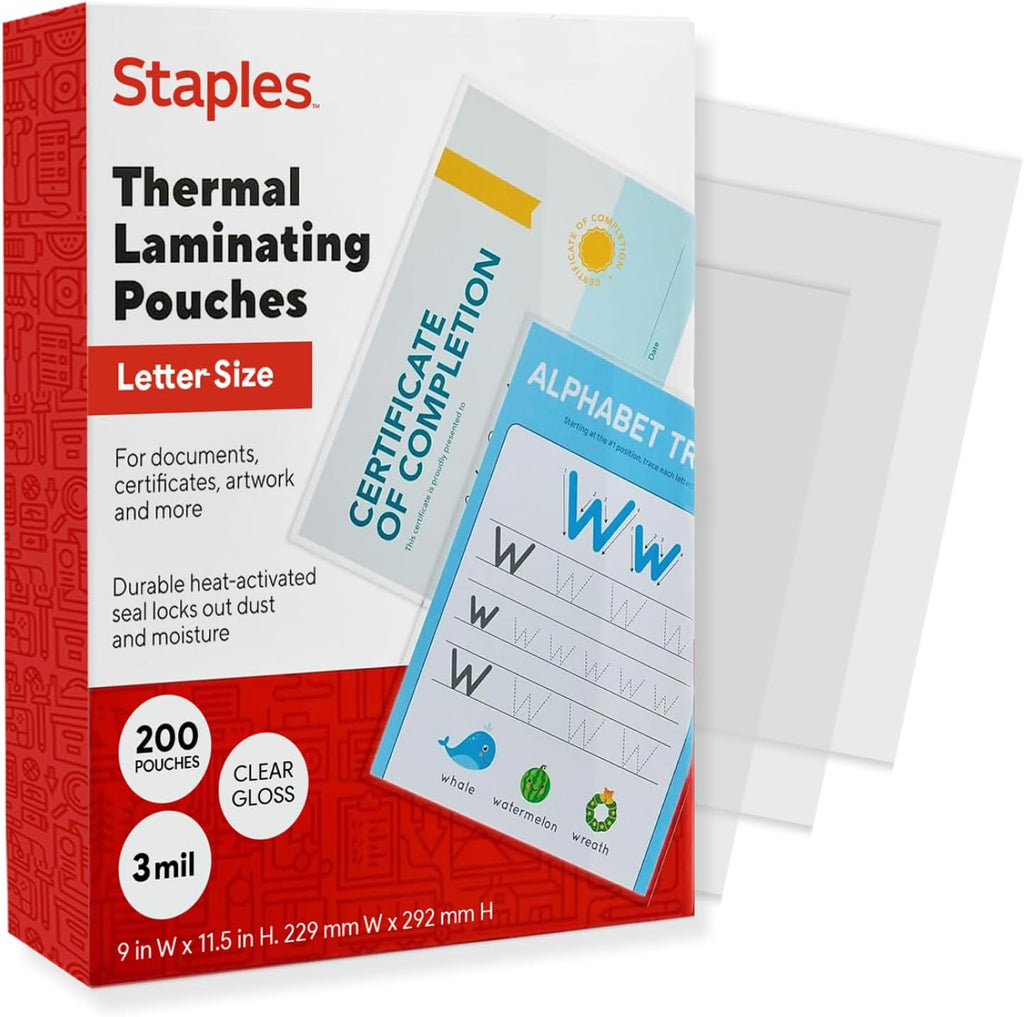Staples Bolsas de laminación térmica, tamaño carta, 3 mil, 200/paquete