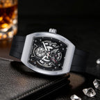 SAPPHERO Reloj para hombre, esfera de esqueleto Tonneau, caja de acero inoxidable, movimiento de cuarzo japonés, correa de silicona, reloj de pulsera deportivo y de moda, resistente a los 30M, fecha