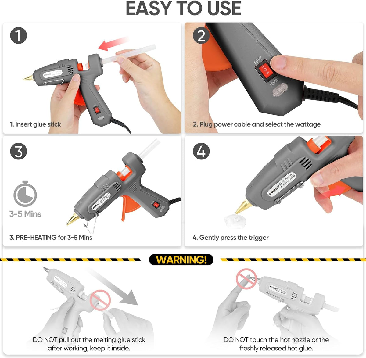 Pistola de pegamento caliente de tamaño completo con potencia dual 60/100 W y 21 barras de pegamento caliente (7/16"), pistola de pegamento industrial de calentamiento rápido y alta resistencia