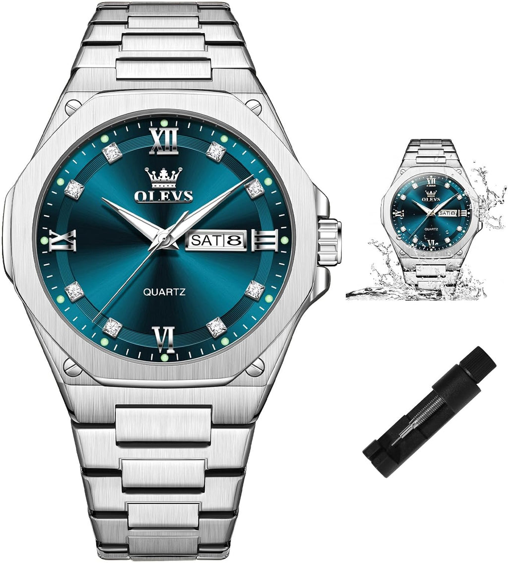 OLEVS Reloj de cuarzo octogonal de acero inoxidable para hombre, resistente al agua, para negocios, casual, de vestir, reloj de pulsera de lujo con diamantes luminosos para el día y fecha, regalo para