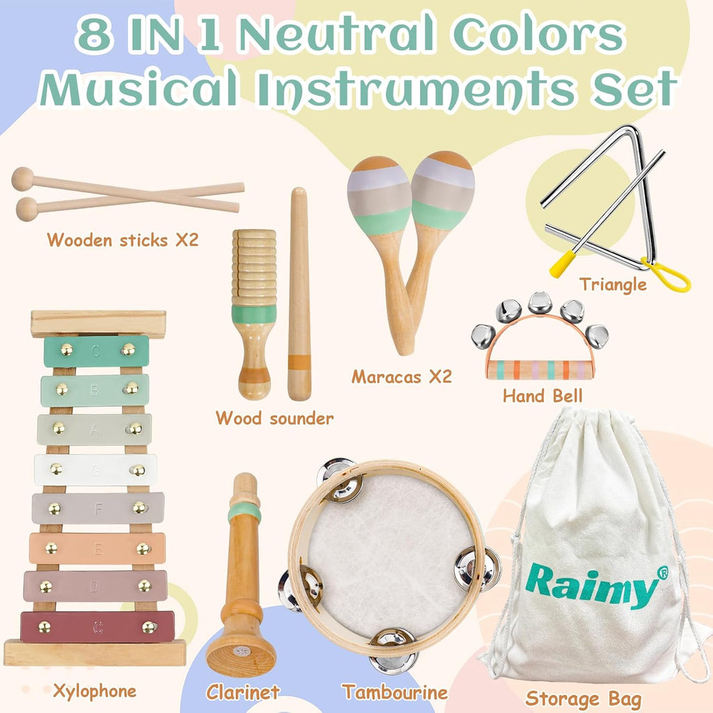 Kids Musical Instruments Set, Neutral Colors Wooden Montessori Toys