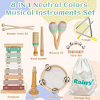 Kids Musical Instruments Set, Neutral Colors Wooden Montessori Toys