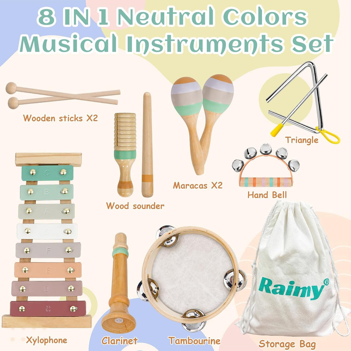 Kids Musical Instruments Set, Neutral Colors Wooden Montessori Toys