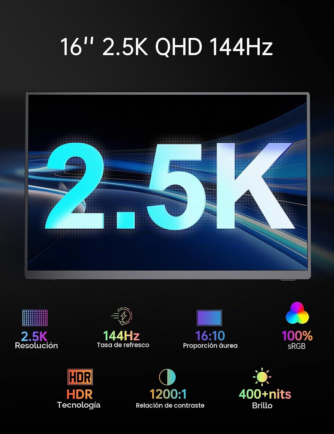 Monitor de viaje portátil 2K 144Hz 16" para PC portátil Switch Xbox PS5/4