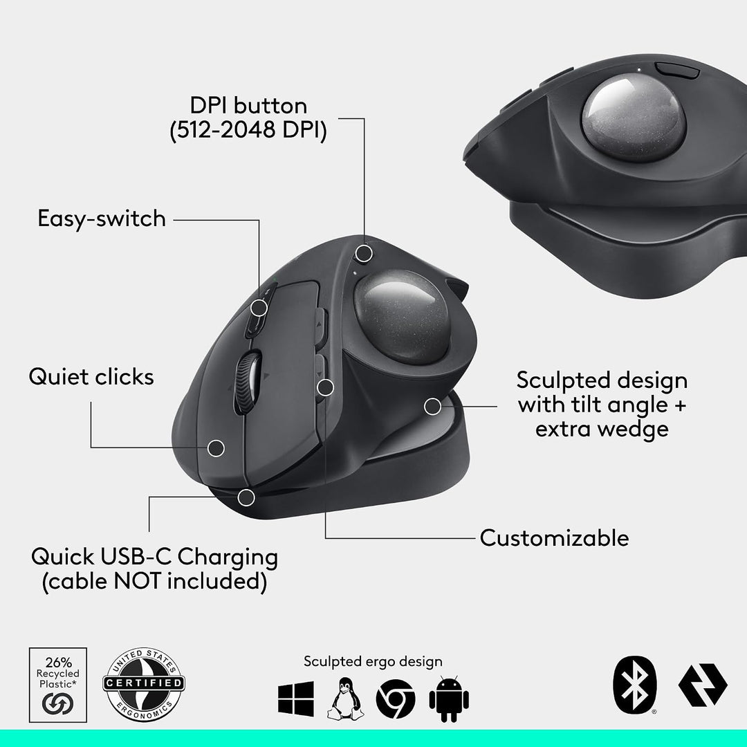 Logitech MX Ergo S Mouse Avanzado de Trackball Inalámbrico, Mouse E...