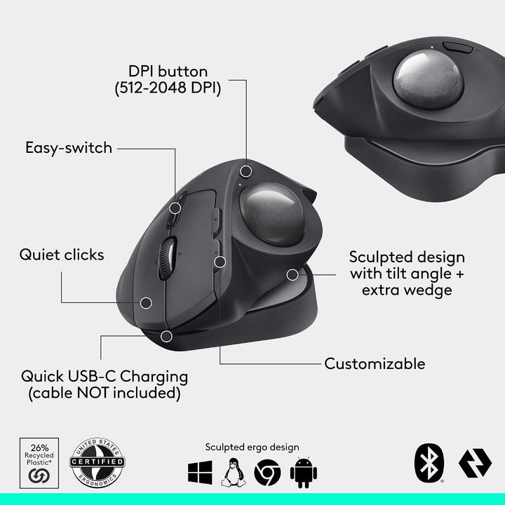 Logitech MX Ergo S Mouse Avanzado de Trackball Inalámbrico, Mouse E...
