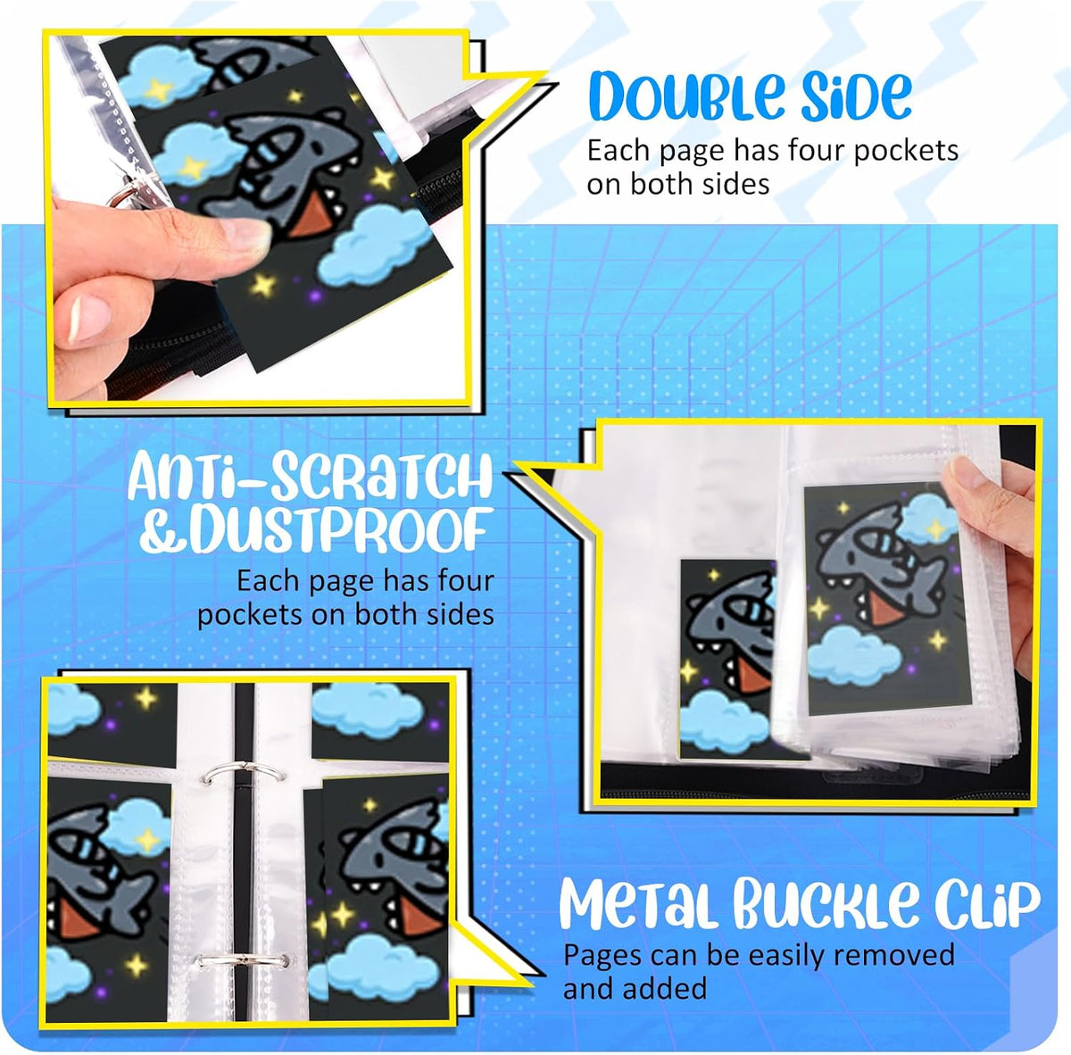 Carpeta de tarjetas de 4 bolsillos, soporte para tarjetas intercambiables para 400 tarjetas con 50 fundas extraíbles, tarjeta de colección portátil, libro de tarjetas de juego con cremallera para