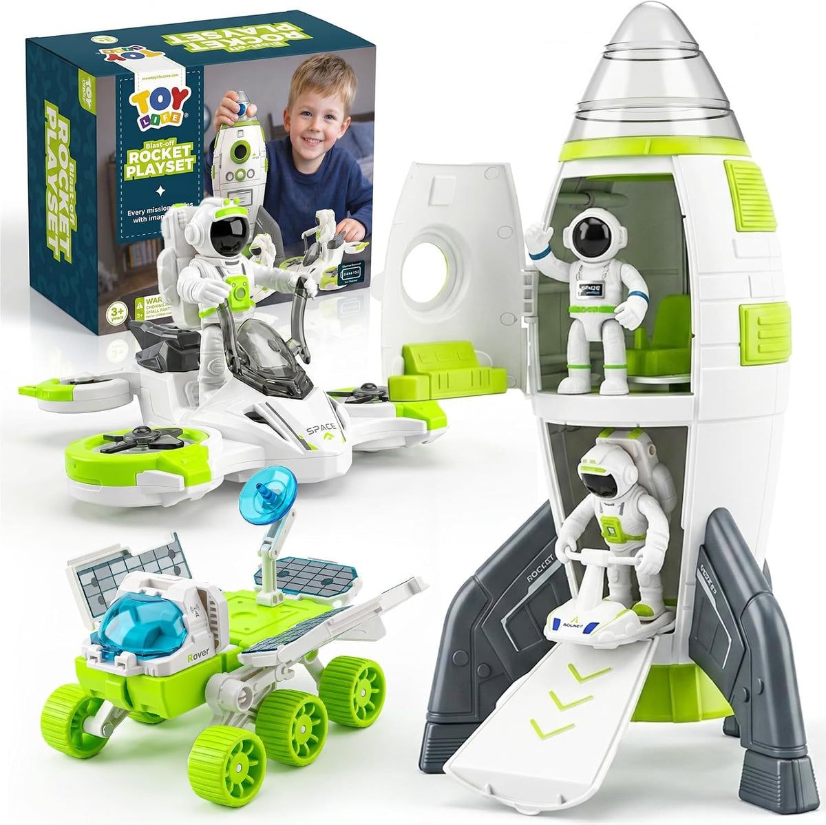 TOY Life Juguete de cohete espacial para niños, transbordador con astronauta nave espacial, planeta y automóvil, para niños de 3, 4, 5, 6, 7, 8, regalo de cumpleaños para mayores de 3 años
