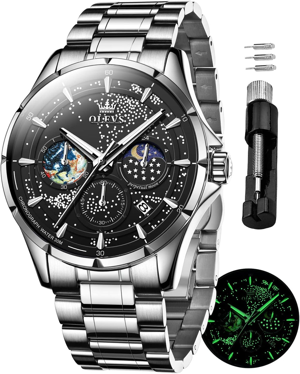 Reloj para Hombre OLEVS Esfera Cielo Estrellado Fase Lunar Lujo Negocios Analógico Cuarzo Clásico Casual Fecha Resistente al Agua Luminoso