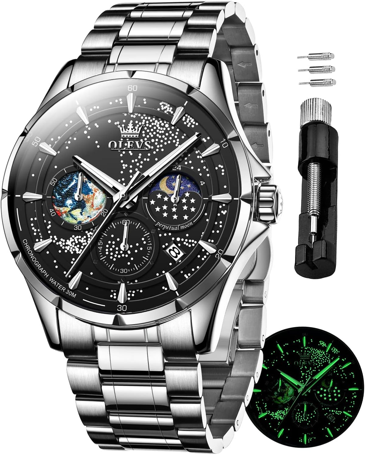 Reloj para Hombre OLEVS Esfera Cielo Estrellado Fase Lunar Lujo Negocios Analógico Cuarzo Clásico Casual Fecha Resistente al Agua Luminoso