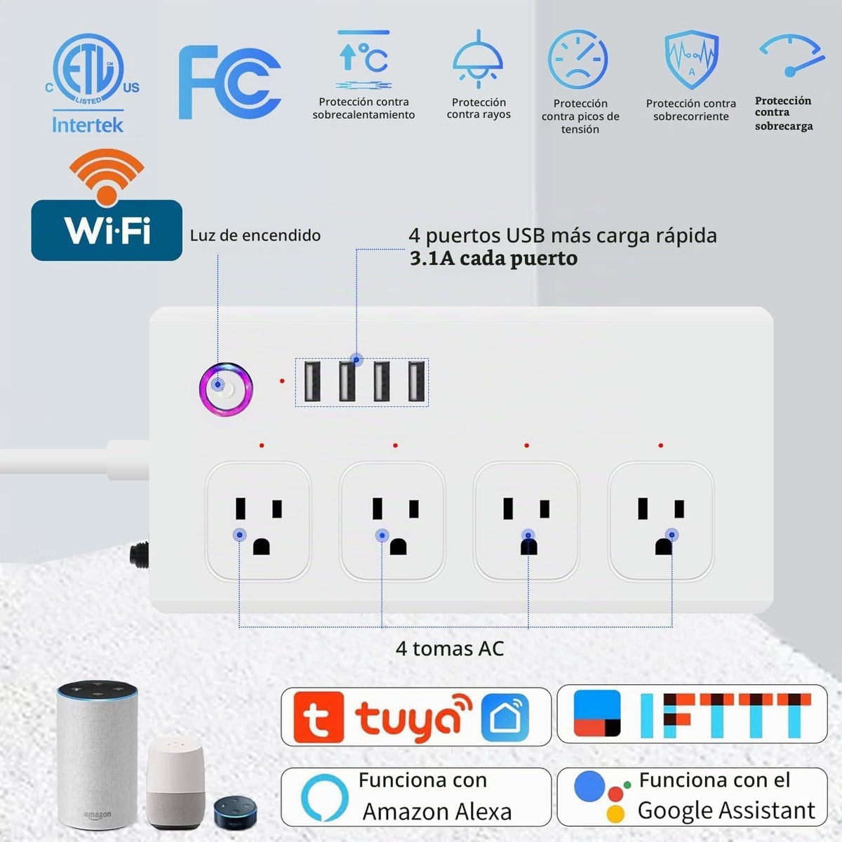 Regleta de alimentación inteligente de 10A, salida WiFi, protector de sobretensiones UseeLink y toma de corriente USB, cable de extensión inteligente compatible con Amazon Alexa y Google Assistant,