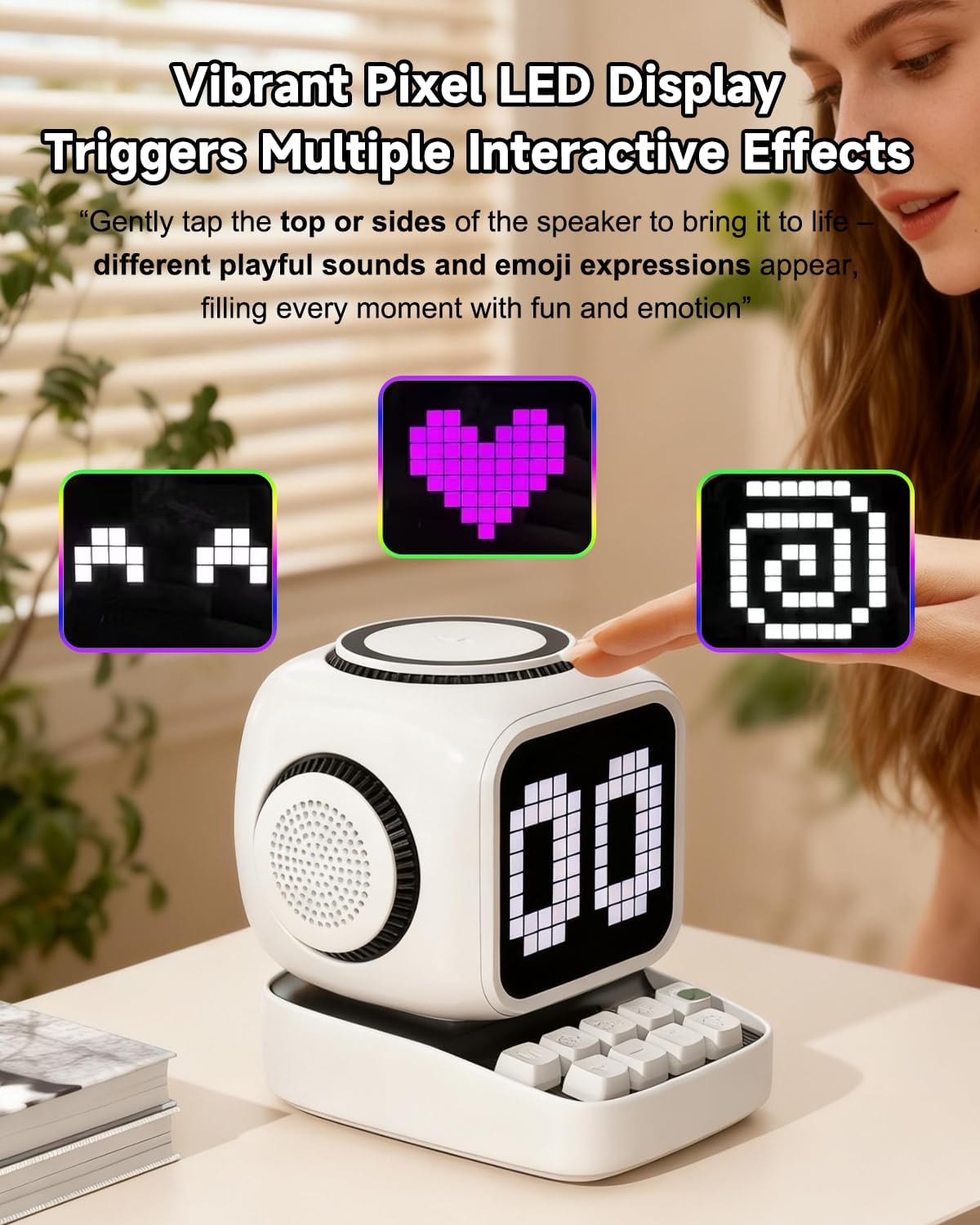 Altavoz Bluetooth 5 en 1 de robot retro: cargador inalámbrico de 15 W, pantalla LED de píxeles, sonido estéreo de 10 W y 15 ruido blanco, reloj despertador, lindo altavoz inalámbrico portátil para
