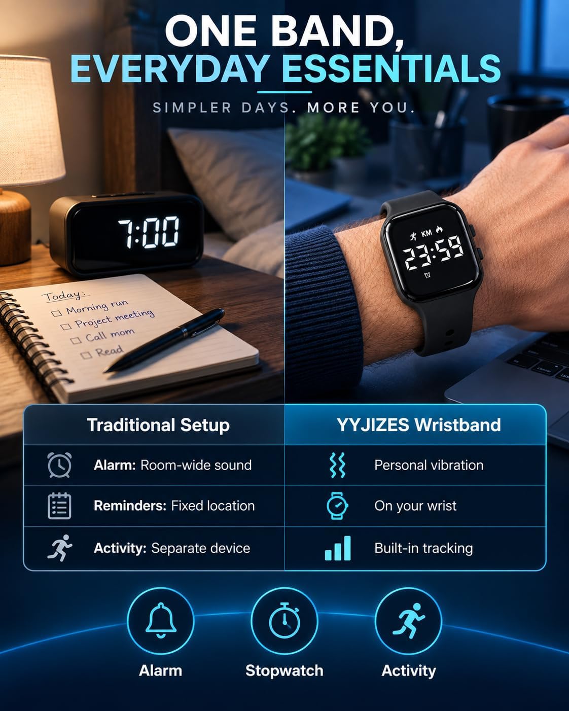 Reloj despertador para dormitorio, pulsera vibratoria, reloj de pulsera con vibración para dormir pesado, pulsera de choque silencioso, extra fuerte, despierta a personas sordas con TDAH