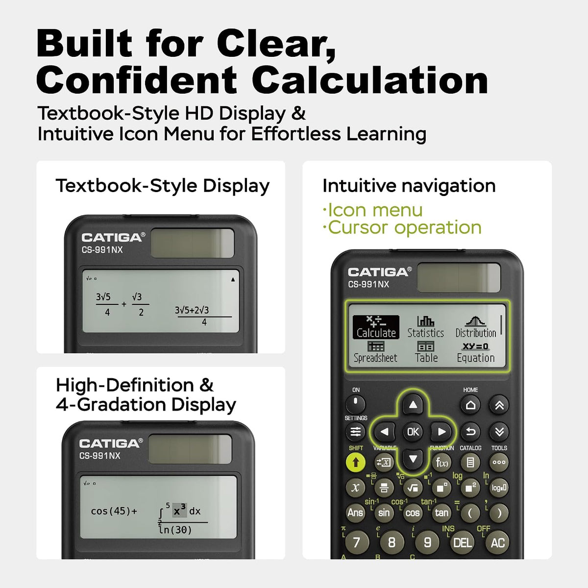 CATIGA Calculadora científica negra con pantalla HD estilo libro de texto, calculadoras científicas solares y de batería para estudiantes universitarios, secundaria e ingeniería, menú de iconos y