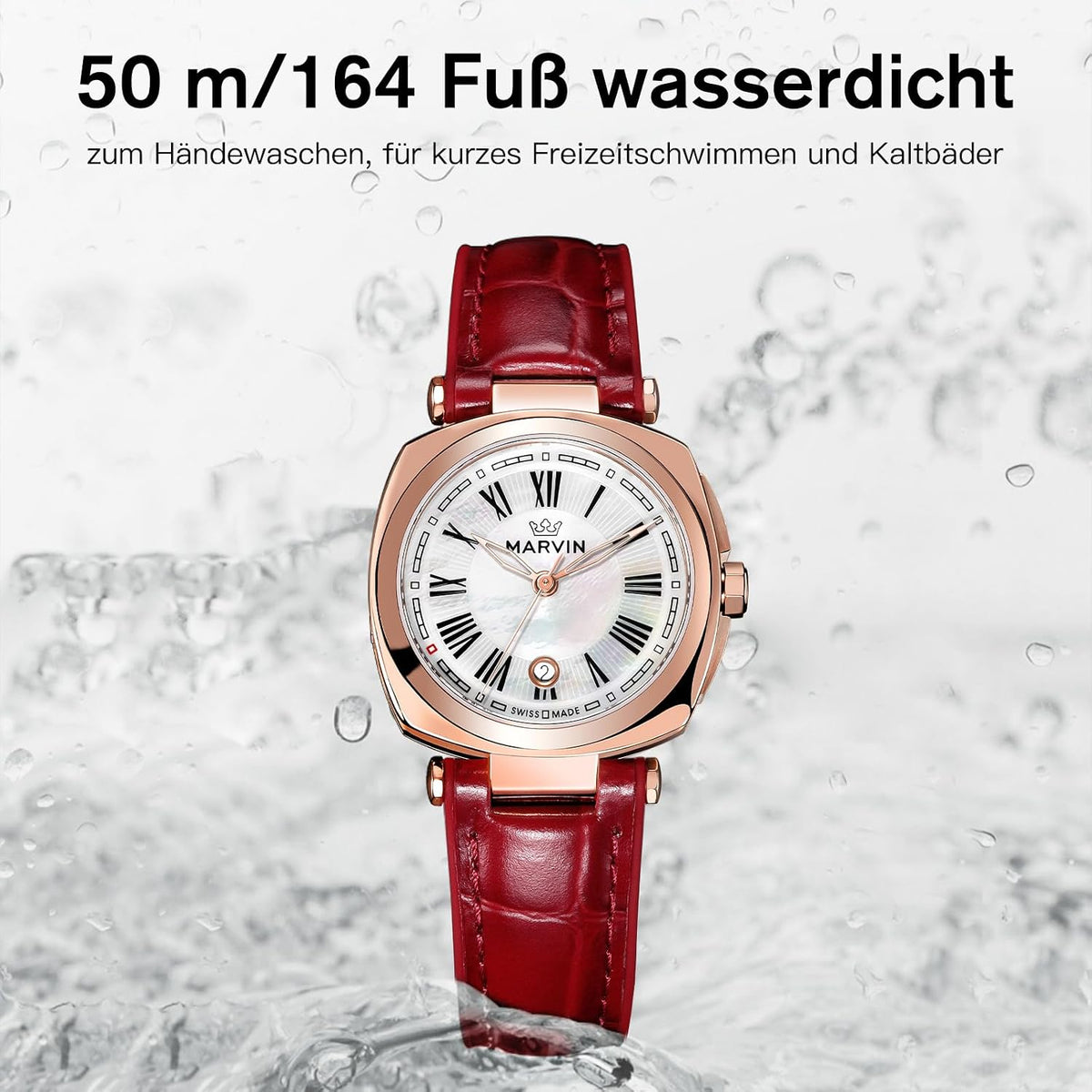 marvin Relojes para mujer, reloj suizo de pulsera con correa de silicona y cuero, caja de acero inoxidable en tono dorado rosa, movimiento de cuarzo, resistente al agua hasta 164.0 ft