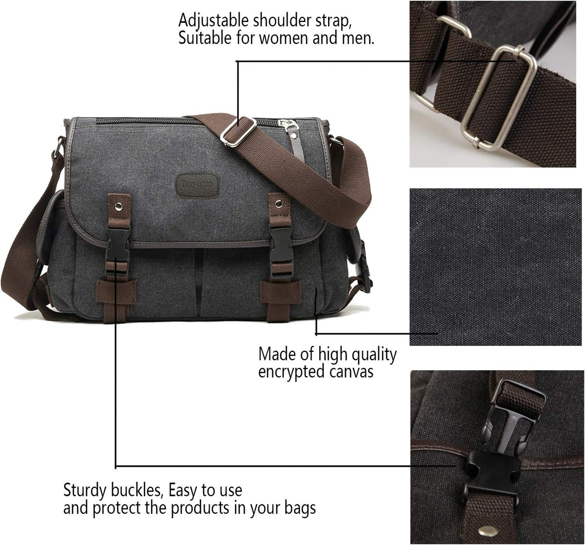 [Mejorado] Bolso mensajero vintage de lona para laptop 13" 15.6" 17" grande para libros y hombro para mujer y hombre Nuevo (Negro, X-Large)