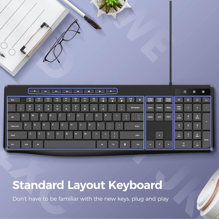 Virfour Teclado con cable teclado silencioso teclado de